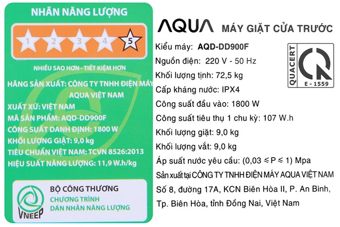 Máy giặt AQUA Inverter 9.0 KG AQD-DD900F S Màu Bạc