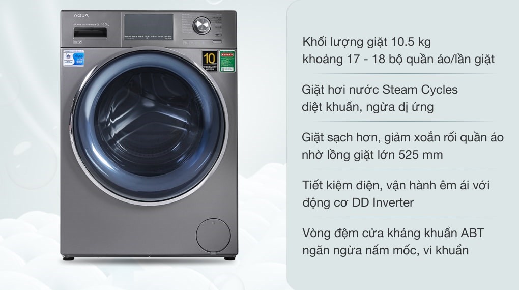 Máy giặt Aqua Inverter 10.5 KG AQD-DD1050E S, giá rẻ, chính hãng