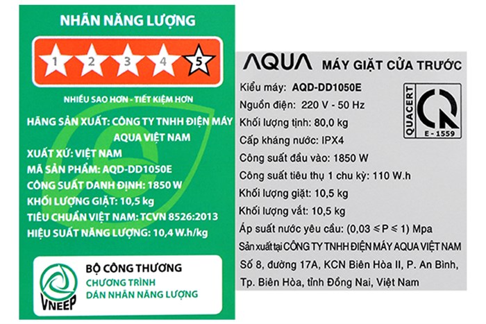 Máy giặt Aqua Inverter 10.5 KG AQD-DD1050E S Màu Bạc