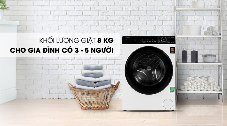 Máy giặt Aqua Inverter 8 KG AQD-A800F W có khối lượng giặt 8 kg