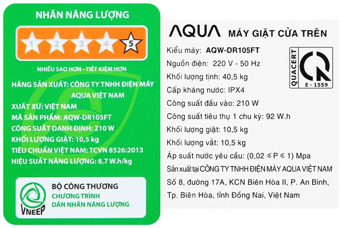 Máy giặt Aqua Inverter 10.5 KG AQW-DR105FT BK Màu Xám