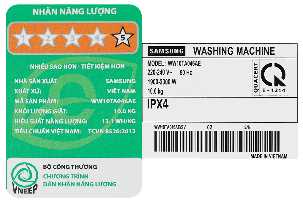 Máy giặt Samsung Inverter 10 kg WW10TA046AE/SV Màu Trắng