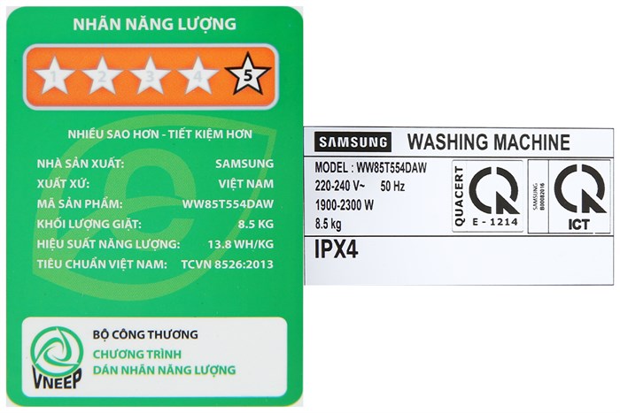 Máy giặt Samsung Addwash Inverter 8.5kg WW85T554DAW/SV Màu Trắng