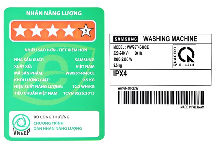 Máy giặt Samsung Inverter 9.5kg WW95T4040CE/SV Màu Trắng