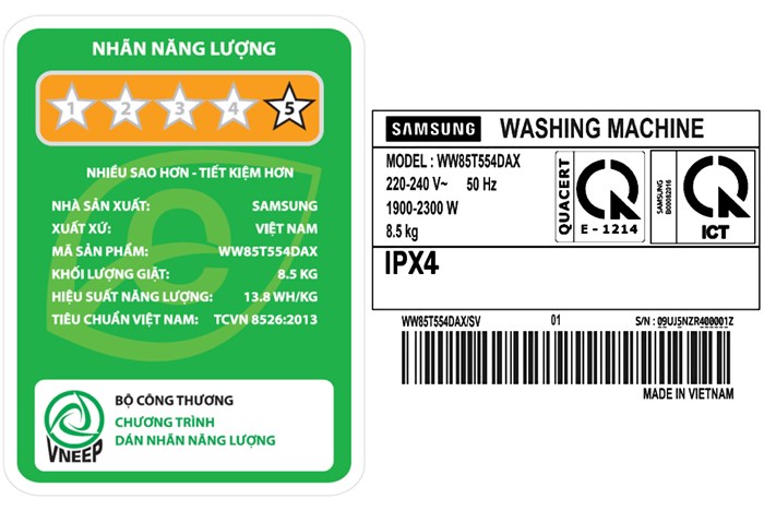 Máy giặt Samsung Inverter 8.5kg WW85T554DAX/SV Màu Inox