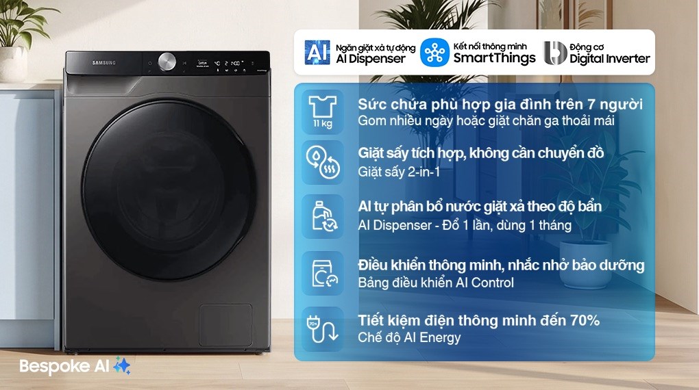 Máy giặt sấy Samsung AI Ecobubble Inverter giặt 11 kg - sấy 7 kg WD11T734DBX/SV