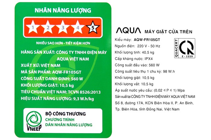 Máy giặt Aqua 10.5 KG AQW-FR105GT BK Màu Đen
