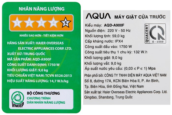 Máy giặt Aqua Inverter 9.0 KG AQD-A900F W Màu Trắng