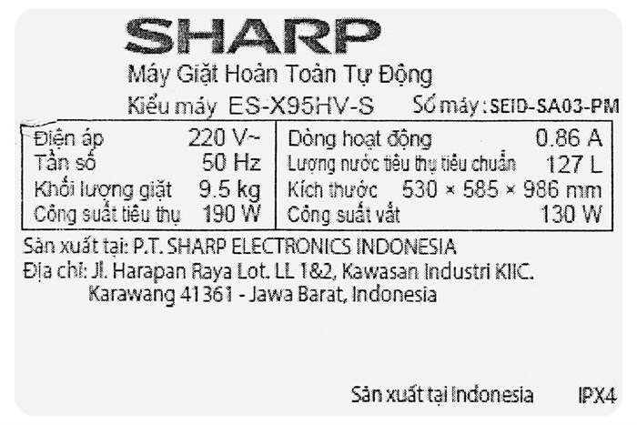 Máy giặt Sharp Inverter 9.5 Kg ES-X95HV-S Màu Đen