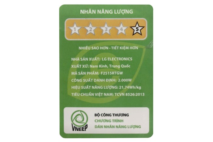 Máy giặt sấy LG AI DD Inverter giặt 15 kg - sấy 8 kg F2515RTGW Màu Trắng