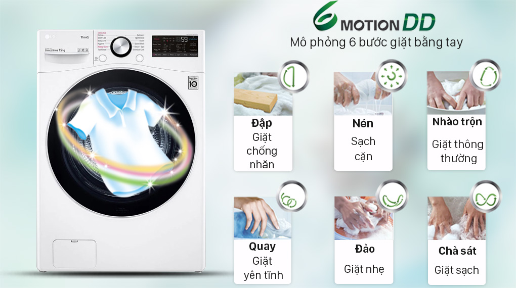 Máy giặt sấy LG Inverter 15 Kg F2515RTGW-Giảm xoắn rối và bảo vệ quần áo tối ưu với công nghệ giặt 6 chuyển động (6 Motion)