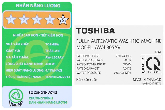 Máy giặt Toshiba 7 Kg AW-L805AV (SG) Màu Xám