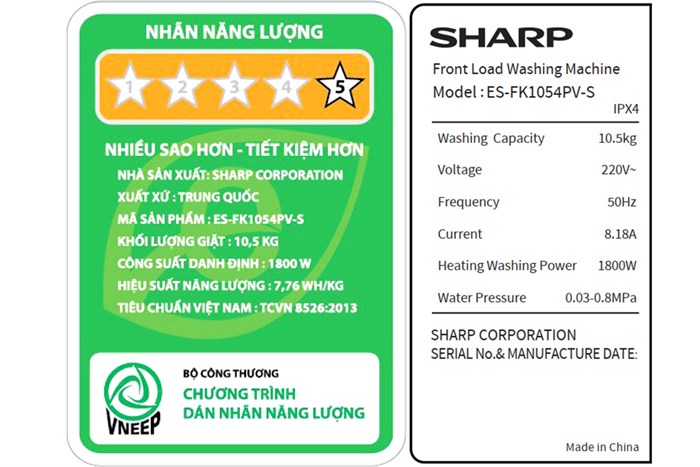 Máy giặt Sharp Inverter 10.5 Kg ES-FK1054PV-S Màu Đen