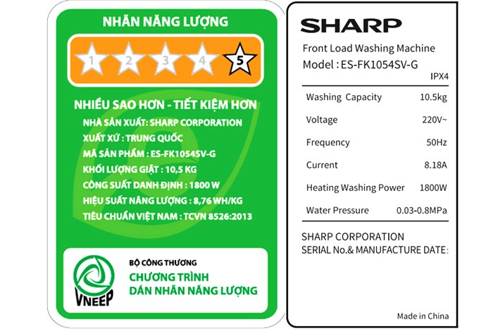 Máy giặt Sharp Inverter 10.5 Kg ES-FK1054SV-G Màu Xám