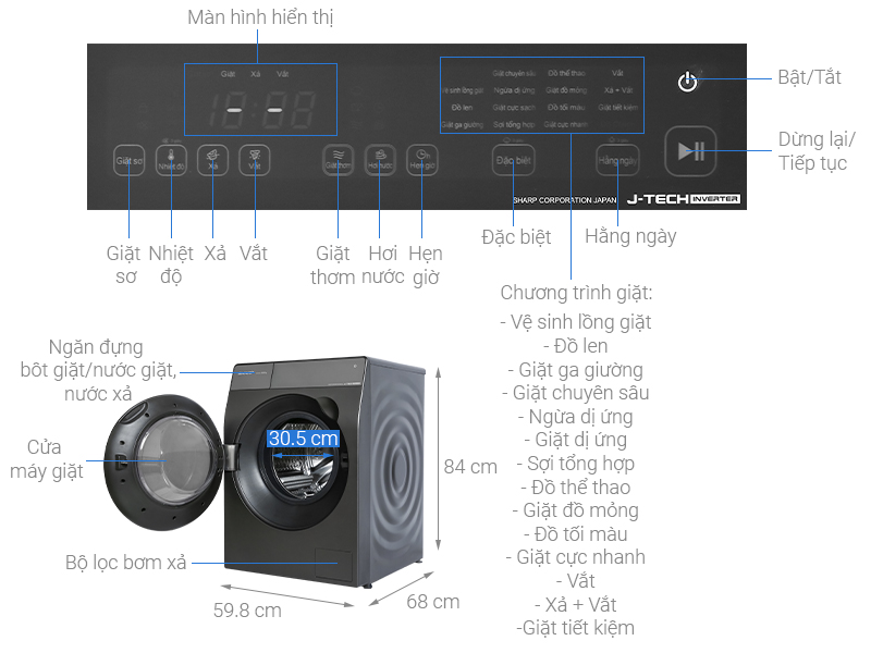 Máy giặt Sharp Inverter 12.5 Kg ES-FK1252PV-S