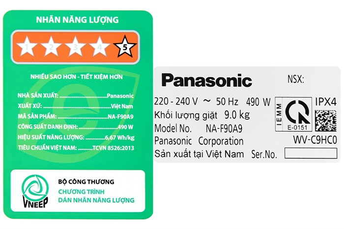 Máy giặt Panasonic 9 kg NA-F90A9BRV Màu Đen