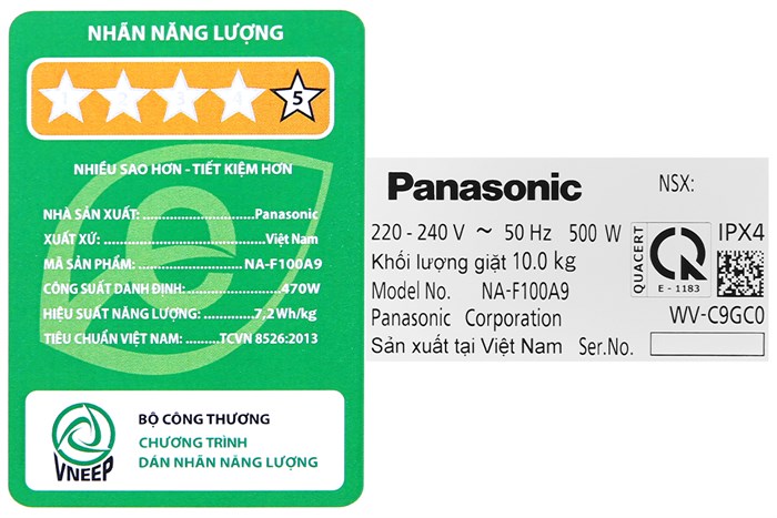 Máy giặt Panasonic 10 Kg NA-F100A9BRV Màu Đen