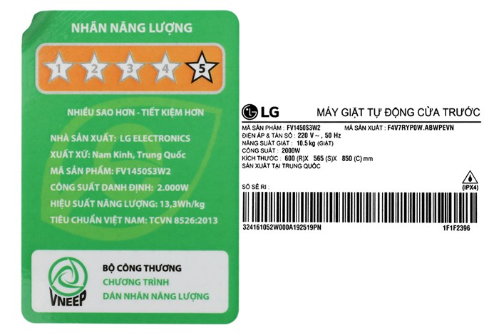 Máy giặt LG AI DD Inverter 10.5 kg FV1450S3W2 Màu Trắng