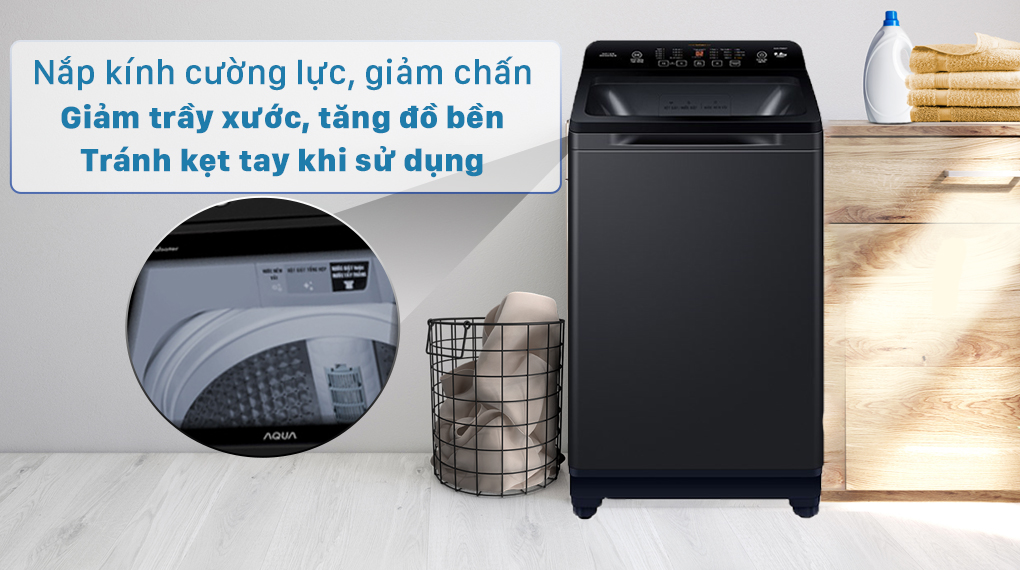 Máy giặt Aqua 9.8 KG AQW-FR98GT.BK - Nắp kính cường lượng chống va đập