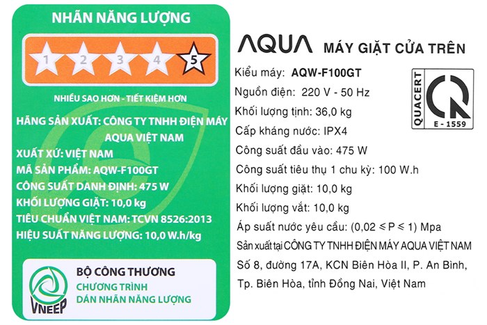 Máy giặt Aqua 10 KG AQW-F100GT.BK Màu Đen