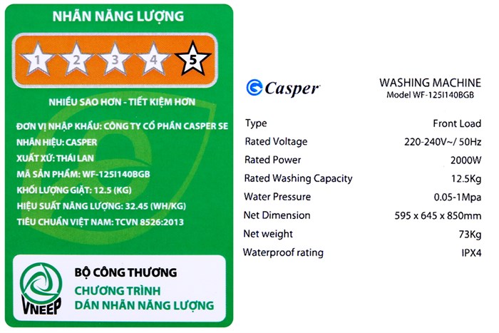 Máy giặt Casper Inverter 12.5 kg  WF-125I140BGB Màu Ghi