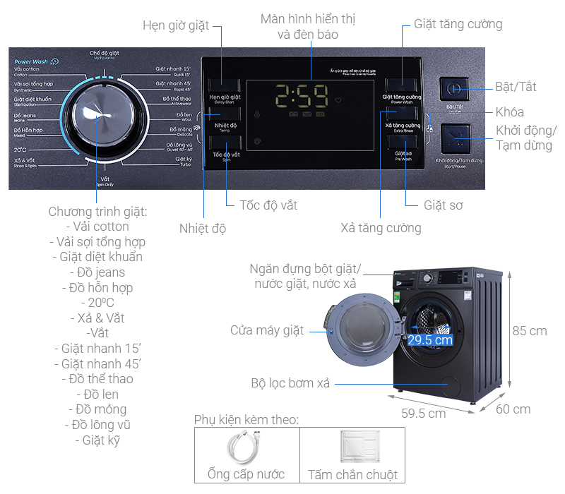 Máy giặt Casper Inverter 9.5 kg WF-95I140BGB