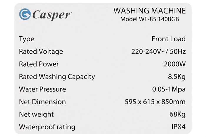 Máy giặt Casper Inverter 8.5 kg  WF-85I140BGB Màu Ghi