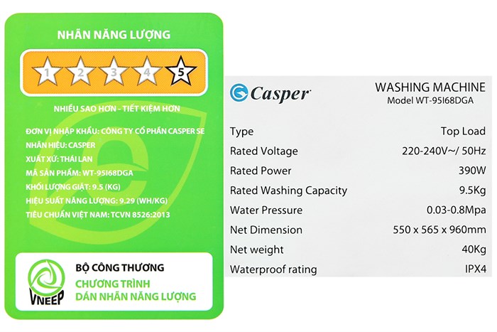 Máy giặt Casper Inverter 9.5 kg WT-95I68DGA Màu Ghi