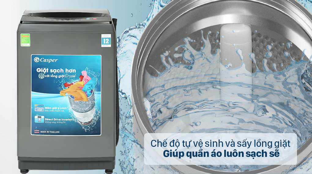 Máy giặt Casper Inverter 9.5 kg WT-95I68DGA - Đảm bảo quần áo luôn giặt sạch với chế độ tự vệ sinh và sấy lồng giặt