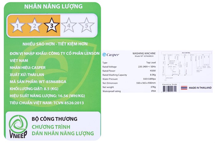 Máy giặt Casper 8.5 kg WT-85N68BGA Màu Ghi