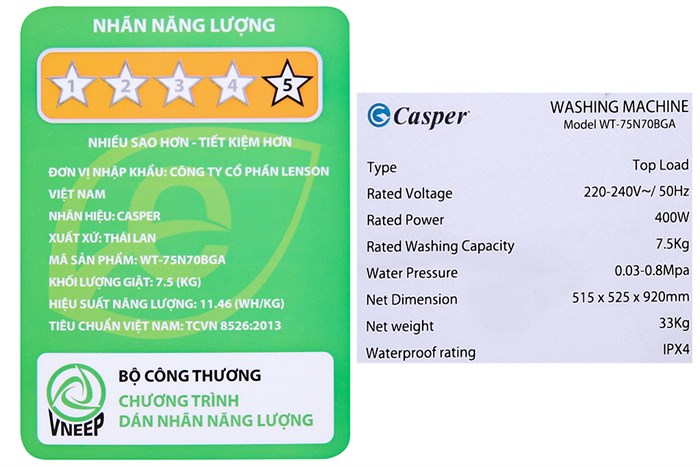 Máy giặt Casper 7.5 kg WT-75N70BGA Màu Ghi