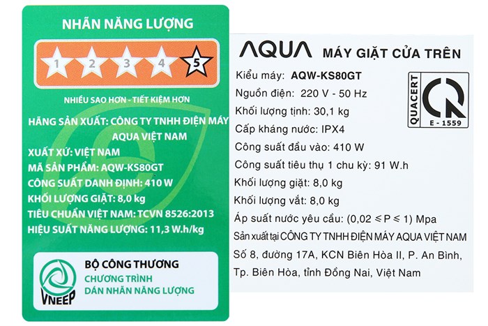 Máy giặt Aqua 8 KG AQW-KS80GT S Màu Bạc