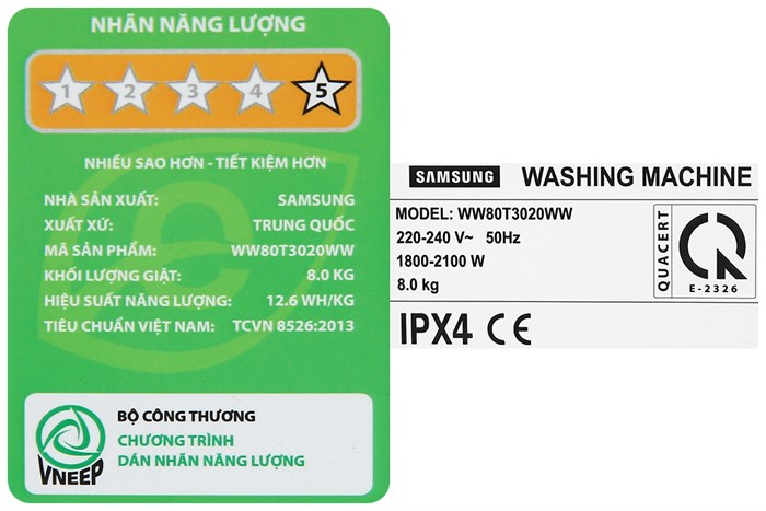 Máy giặt Samsung Inverter 8kg WW80T3020WW/SV Màu Trắng