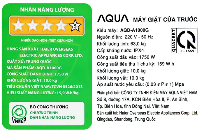 Máy giặt Aqua Inverter 10 KG AQD-A1000G S Màu Bạc