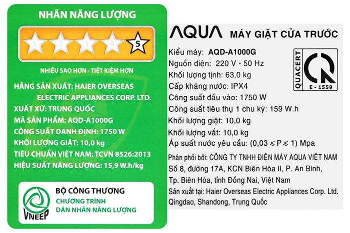 Máy giặt Aqua Inverter 10 KG AQD-A1000G W Màu Trắng