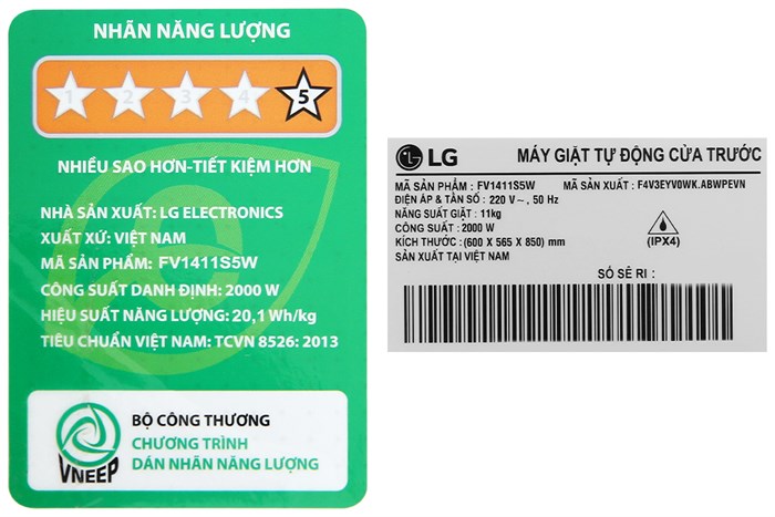 Máy giặt LG  Inverter 11 kg FV1411S5W Màu Trắng