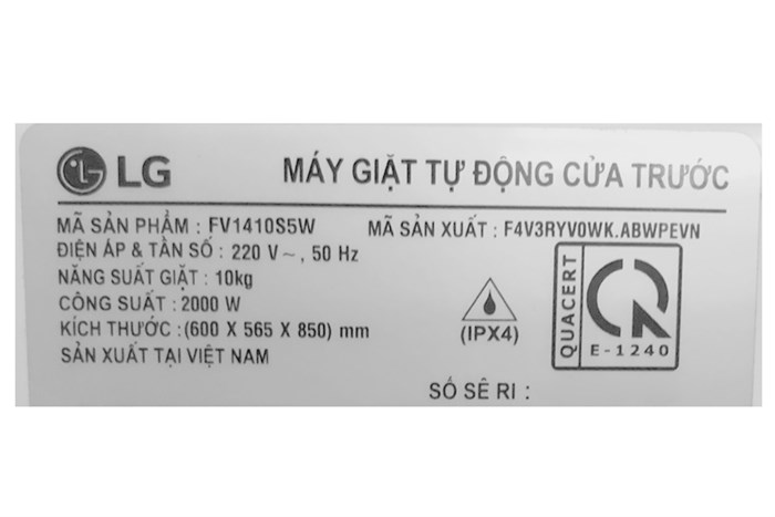 Máy giặt LG AI DD Inverter 10 kg FV1410S5W Màu Trắng