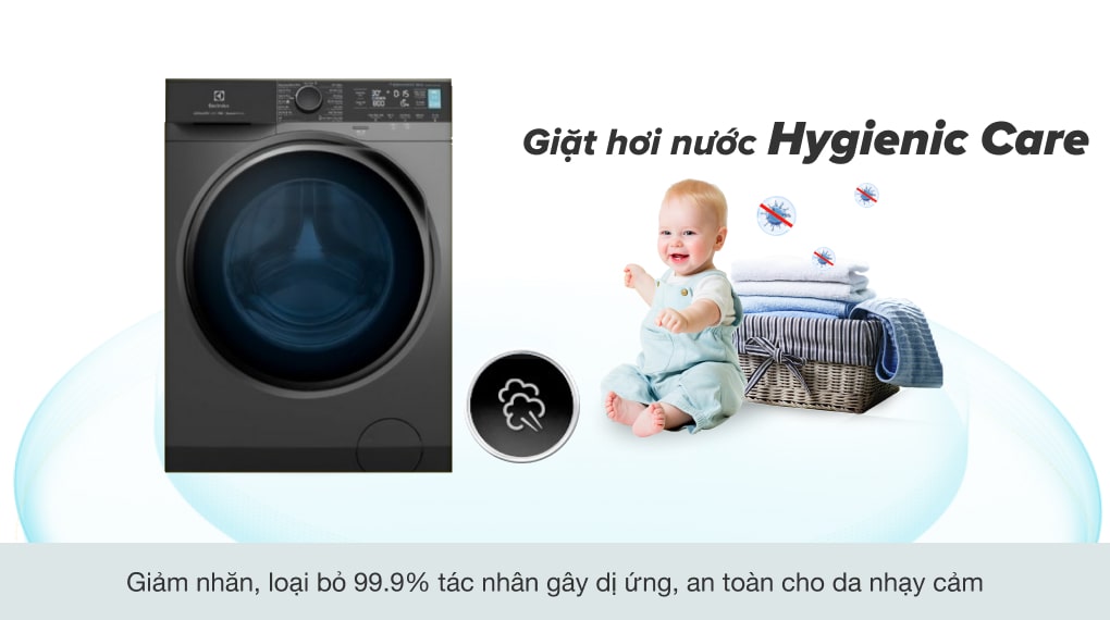 Loại bỏ đến 99.99% vi khuẩn và chất gây dị ứng với công nghệ giặt hơi nước Hygienic Care - Máy giặt Electrolux Inverter 9 kg EWF9042R7SB