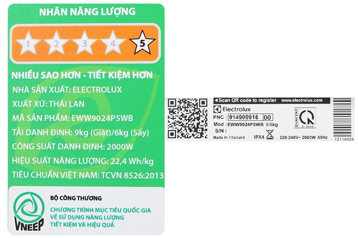 Máy giặt sấy Electrolux UltimateCare 500 Inverter giặt 9 kg - sấy 6 kg EWW9024P5WB Màu Trắng