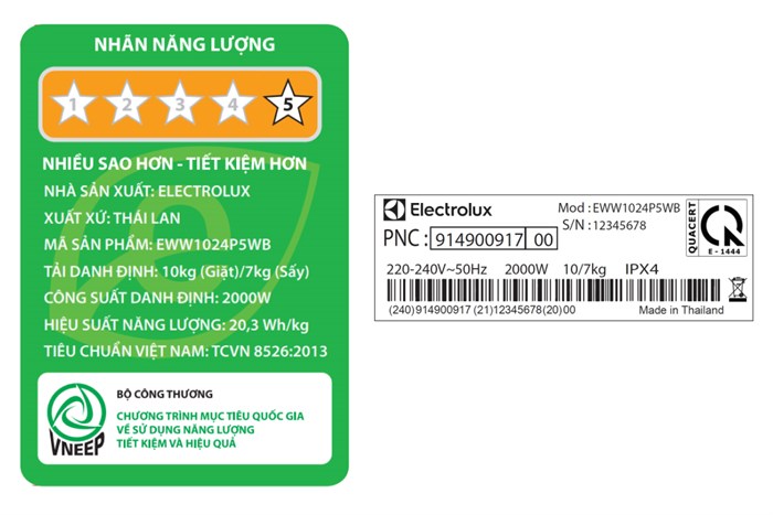 Máy giặt sấy Electrolux UltimateCare 500 Inverter giặt 10 kg - sấy 7 kg EWW1024P5WB Màu Trắng