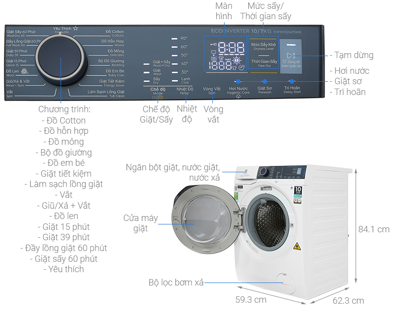 Máy giặt sấy Electrolux UltimateCare 500 Inverter giặt 10 kg - sấy 7 kg EWW1024P5WB