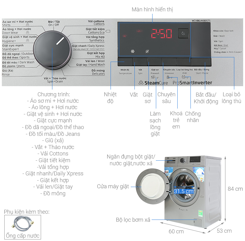Máy giặt Beko Inverter 8 kg WCV8614XB0STS