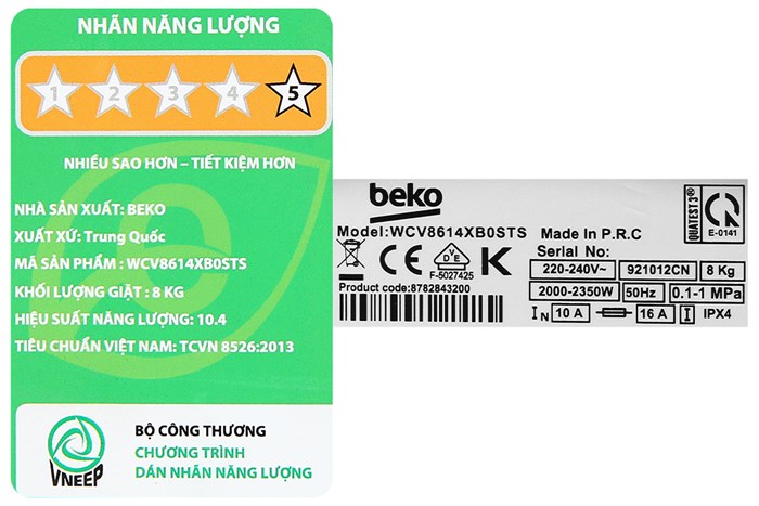 Máy giặt Beko Inverter 8 kg WCV8614XB0STS Màu Xám