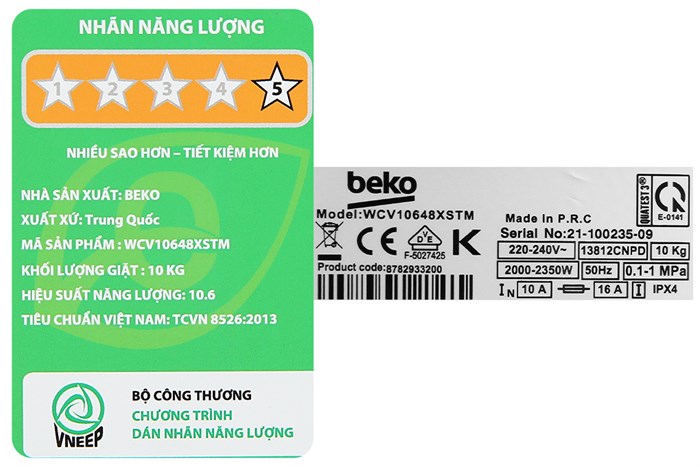 Máy giặt Beko Inverter 10 kg WCV10648XSTM Màu Xám nhạt