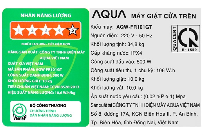 Máy giặt Aqua 10 Kg AQW-FR101GT BK Màu Đen