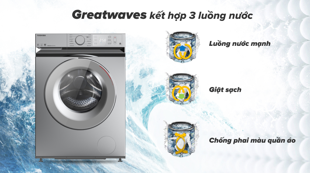 Máy giặt Toshiba 9.5 kg TW-BL105A4V(SS) - Giặt sạch vết bẩn mà không làm phai màu quần áo với công nghệ The Greatwaves