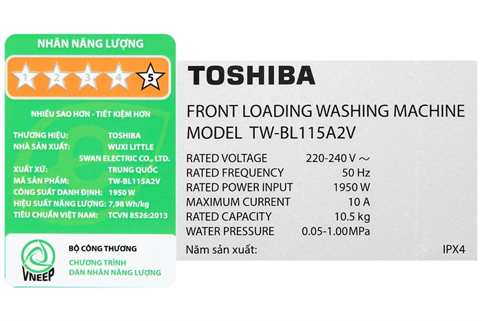 Máy giặt Toshiba Inverter 10.5 kg TW-BL115A2V(SS) Màu Xám