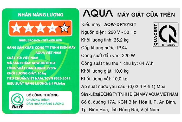 Máy giặt Aqua Inverter 10 KG AQW-DR101GT BK Màu Đen