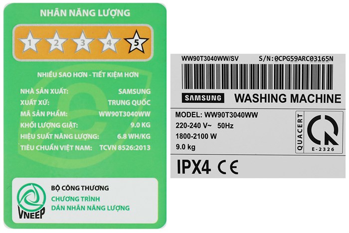 Máy giặt Samsung Inverter 9 kg WW90T3040WW/SV Màu Trắng