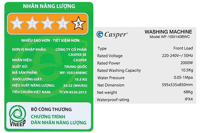 Máy giặt Casper Inverter 10.5 KG WF-105I140BWC Màu Trắng